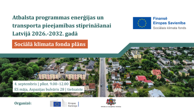 Plakāts ar virsrakstu "Atbalsta programmas enerģijas un transporta pieejamības stiprināšanai Latvijā 2026.-2032. gadā" 