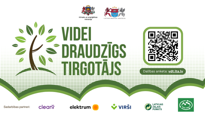 Plakāts ar uzraksut "Vvidei draudzīgs tirgotājs" un sadarbības partneru logo