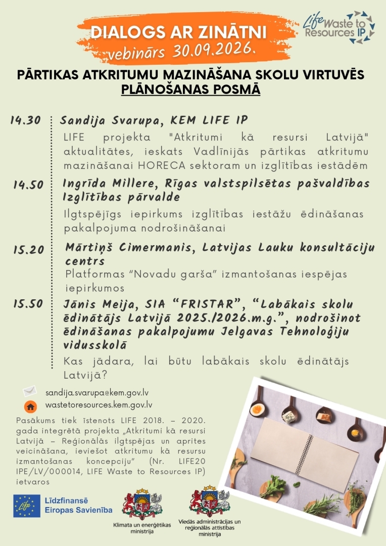 Attēls ar vebināra programmu par pārtikas atkritumu mazināšanu skolu virtuvēs