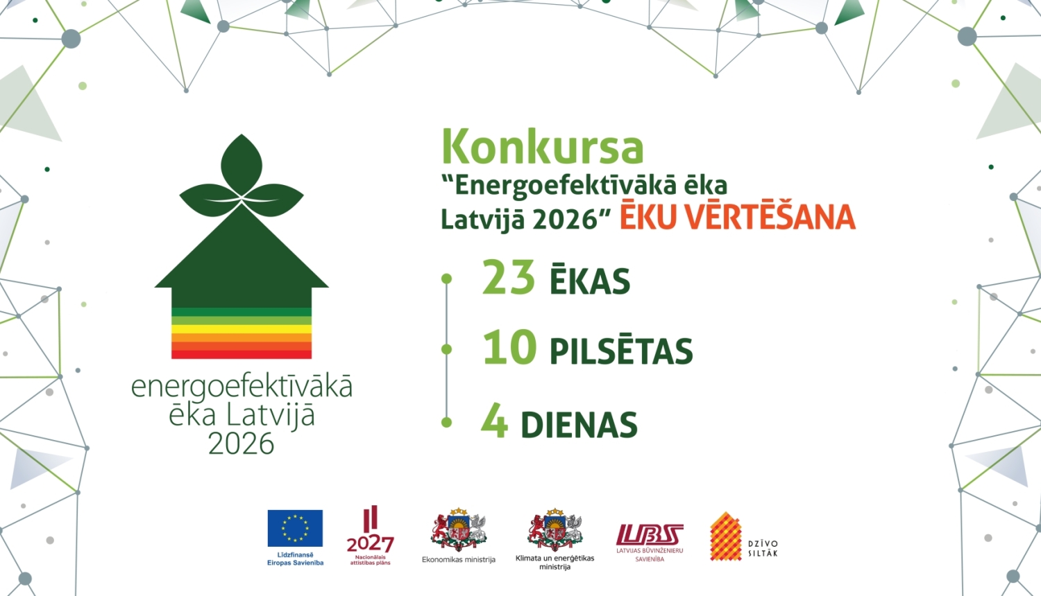 Plakāts ar uzrakstu, ka sākusies Energoefektīvākā ēka konkursa ēku vērtēšana