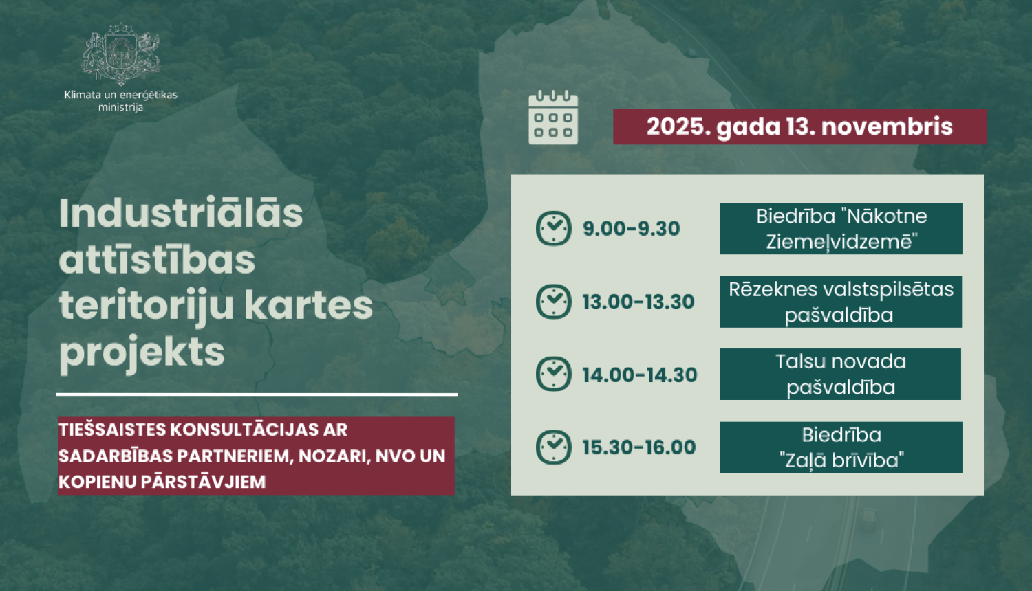 Tiešsaistes konsultāciju grafiks par industriālās attīstības teritoriju kartes projektu