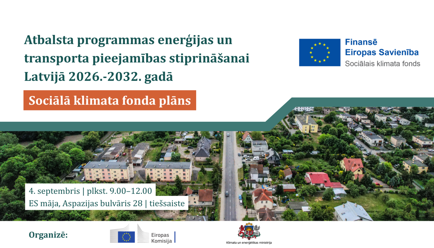 Plakāts ar virsrakstu "Atbalsta programmas enerģijas un transporta pieejamības stiprināšanai Latvijā 2026.-2032. gadā" 
