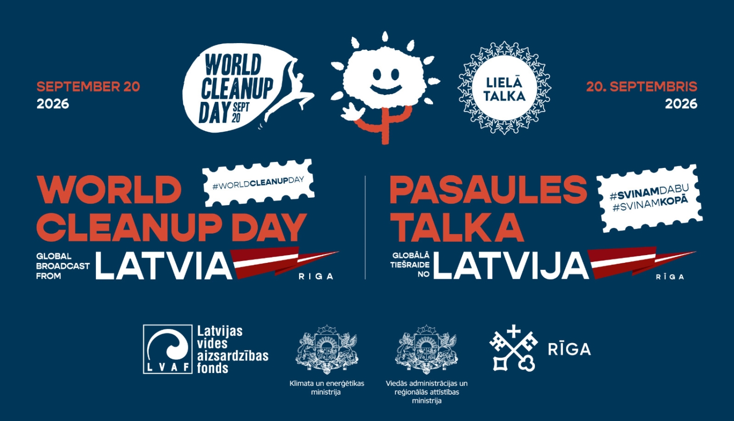 plakāts ar uzrakstu "Pasaules talka" un "World Cleanup Day"