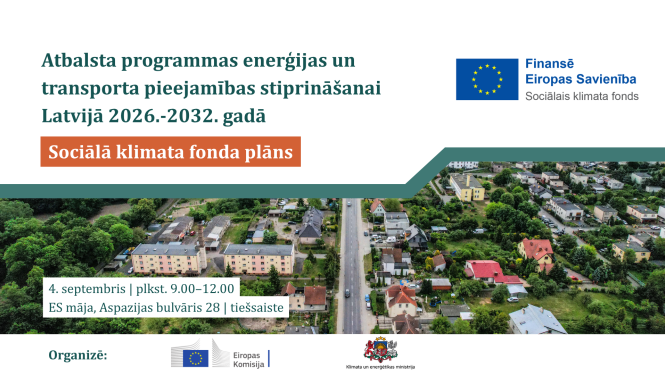 Plakāts ar virsrakstu "Atbalsta programmas enerģijas un transporta pieejamības stiprināšanai Latvijā 2026.-2032. gadā" 
