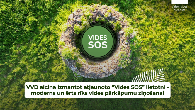 Zaļa pļava ar uzrakstu Vides SOS, teksts uz attēla: VVD aicina izmantot atjaunoto “Vides SOS” lietotni - moderns un ērts rīks vides pārkāpumu ziņošanai