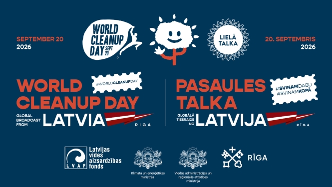 plakāts ar uzrakstu "Pasaules talka" un "World Cleanup Day"