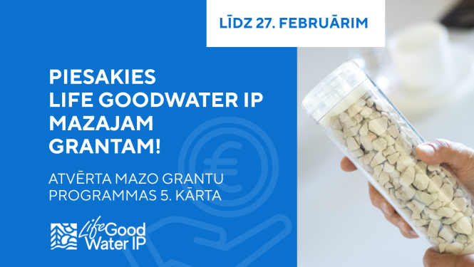 Mazo grantu projekta konkursa uzsaukuma plakāts ar tekstu un blakus redzamu filtru fosfora atgūšanai no notekūdeņiem