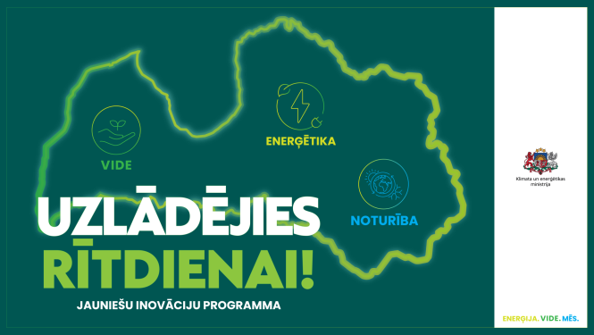 Inovāciju programmas jauniešiem "Uzlādējies rītdienai!" plakāts ar uzrakstu un Latvijas kontūru