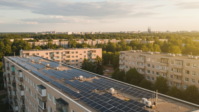 Daudzdzīvokļu ēka ar saules paneļiem uz jumta (attēls radīts, izmantojot mākslīgā intelektra rīku)