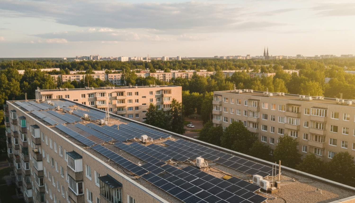 Daudzdzīvokļu ēka ar saules paneļiem uz jumta (attēls radīts, izmantojot mākslīgā intelektra rīku)