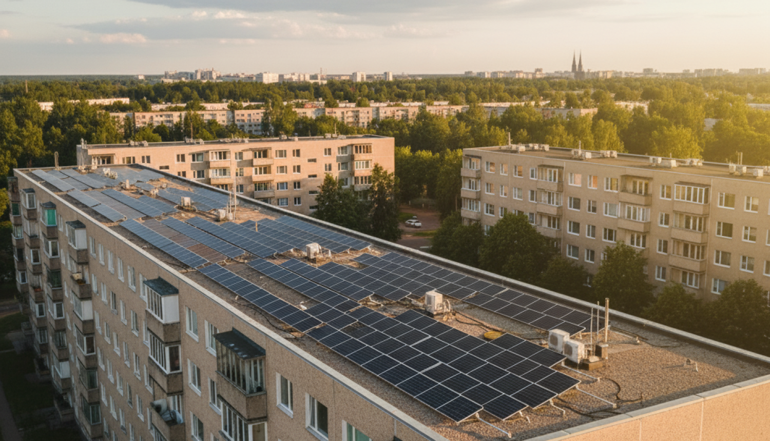 Daudzdzīvokļu ēka ar saules paneļiem uz jumta (attēls radīts, izmantojot mākslīgā intelektra rīku)